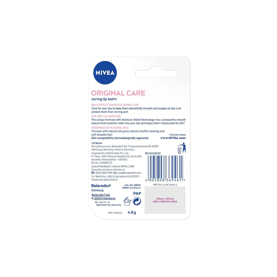NIVEA Original Care 4.8g Lip Balm|24 H Melt in Moisture Formula|Natural Oils|Nourished Lips,4.8 g (Pack of 1) - Shop London