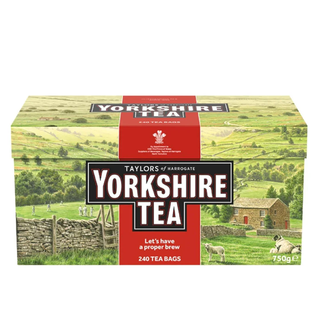 Box of Taylors of Harrogate Yorkshire Tea with a scenic design on the packaging.