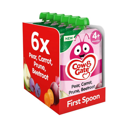 Cow & Gate Fruit Pouch Pear Carrot Prune & Beetroot Baby Food Snack 4+ Months 100g (Pack of 6) Puree