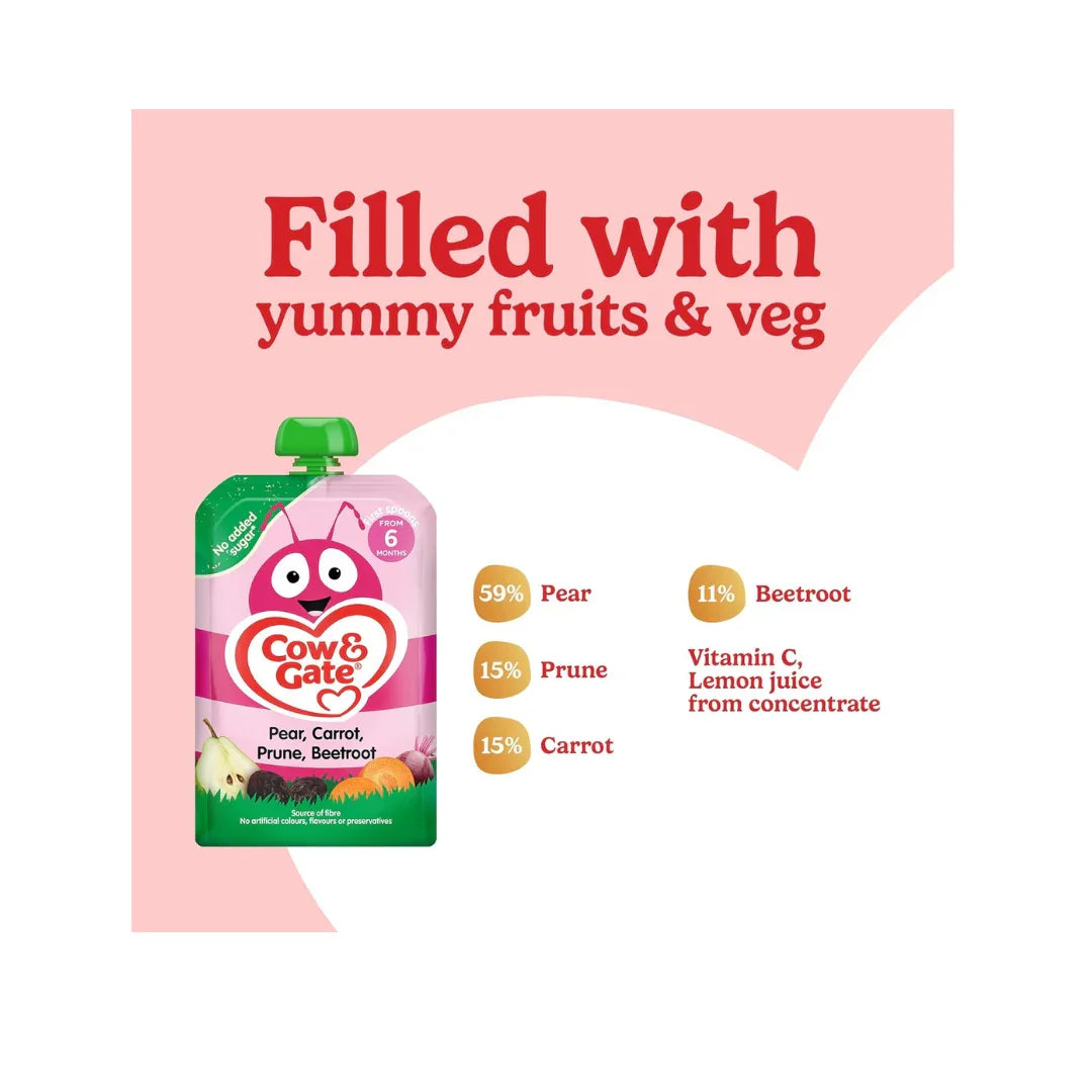 Cow & Gate Fruit Pouch Pear Carrot Prune & Beetroot Baby Food Snack 4+ Months 100g (Pack of 6) Puree