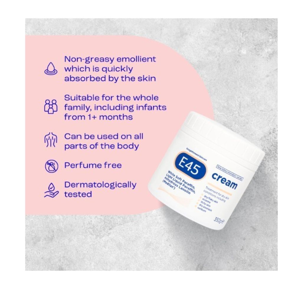 E45 Cream for Dry & Sensitive Skin - Clinically Proven Moisturiser for Eczema, Dermatitis & Irritation - Dermatologically Tested Non-Greasy Body, Face & Hand Care, 350g