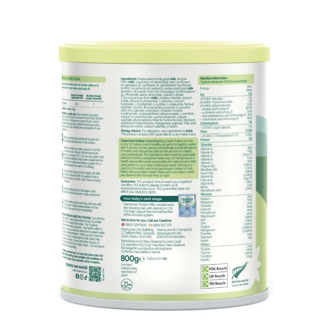 Nannycare Goat Based Follow On Milk – Stage 2 (6–12 Months) | Baby Powder Made from Whole Goats Milk | Nutritionally Complete Formula for Combination or Bottle Feeding - 800g