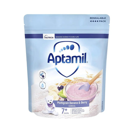 Aptamil multigrain banana & berry cereal packaging on a white background