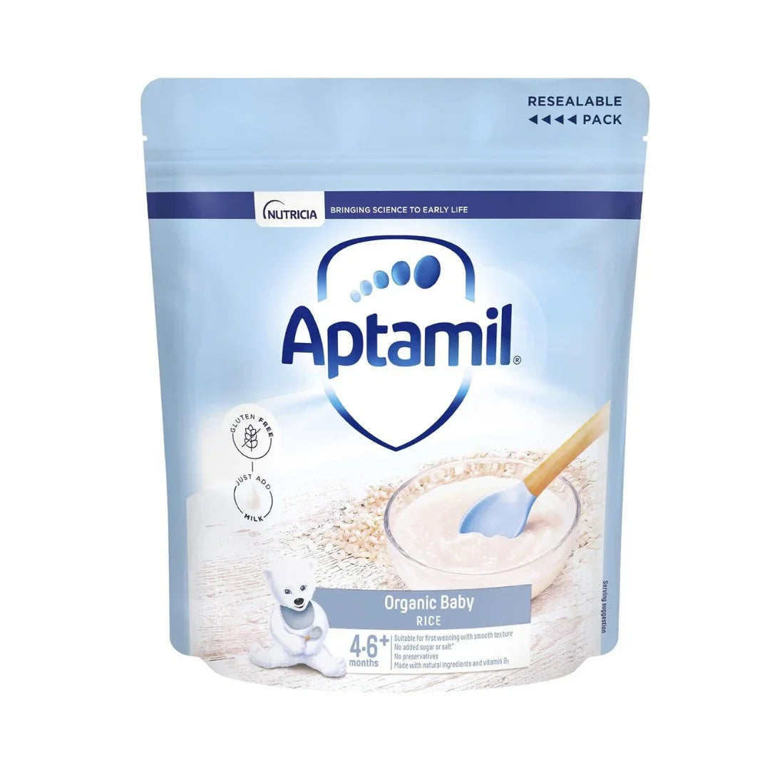 Aptamil organic baby rice packaging on a white background avalable at shoplondon.in website in india.