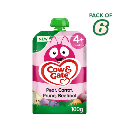 Cow & Gate Fruit Pouch Pear Carrot Prune & Beetroot Baby Food Snack 4+ Months 100g (Pack of 6) Puree