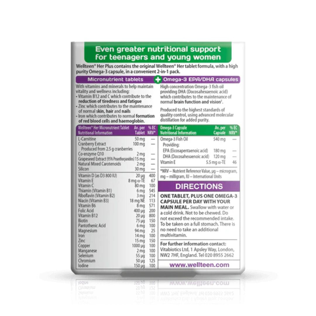 Vitabiotics Wellteen Her Plus – Multivitamins for Girls Aged 13-19 – 30 Tablets